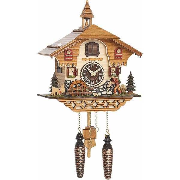 Engstler Quartz Cuckoo Clock Black Forest house with moving wood chopper and mill wheel, with music EN 473 QMT