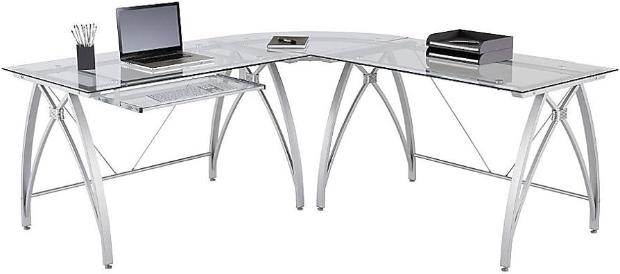 Realspace® Vista Glass 76″ W L-Shape Corner Desk, Silver